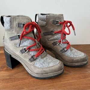 Sorel: Blake Leather Lace-Up Booties Stacked Heel: Gray Taupe: Women’s Size 8.5